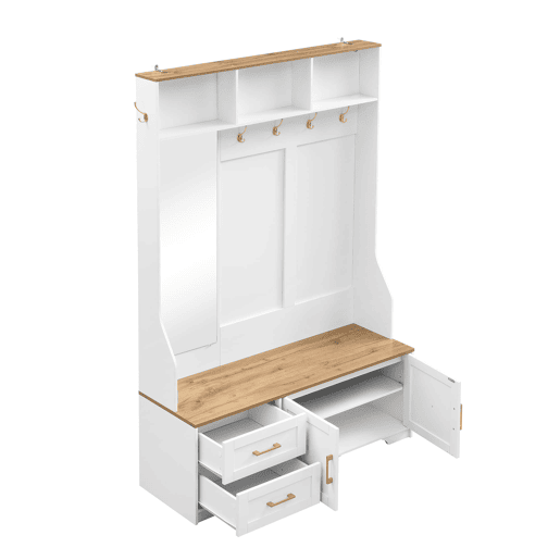 Móvel de entrada 120 L x 40 P x 187 A cm - Com espelho, LED, cabides, gavetas, branco, madeira