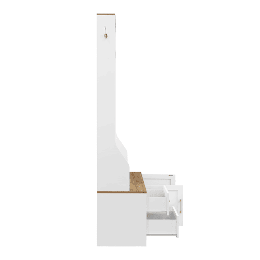 Móvel de entrada 120 L x 40 P x 187 A cm - Com espelho, LED, cabides, gavetas, branco, madeira