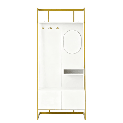 Móvel compacto para hall de entrada 78x38,5x180,5 cm - Com espelho, ganchos metálicos, banco para sapatos - Branco
