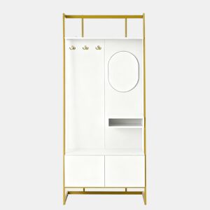 Móvel compacto para hall de entrada 78x38,5x180,5 cm - Com espelho, ganchos metálicos, banco para sapatos - Branco