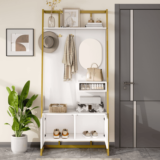 Móvel compacto para hall de entrada 78x38,5x180,5 cm - Com espelho, ganchos metálicos, banco para sapatos - Branco