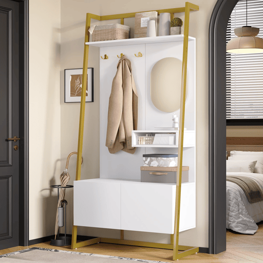 Móvel compacto para hall de entrada 78x38,5x180,5 cm - Com espelho, ganchos metálicos, banco para sapatos - Branco