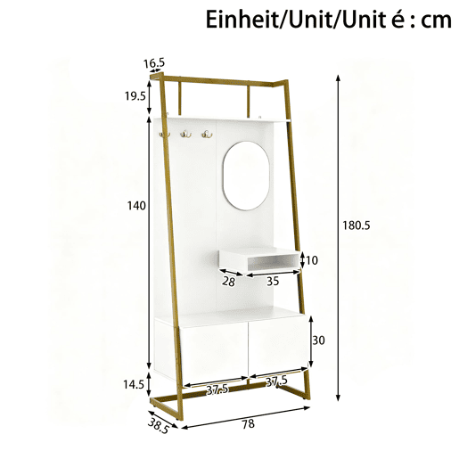 Móvel compacto para hall de entrada 78x38,5x180,5 cm - Com espelho, ganchos metálicos, banco para sapatos - Branco