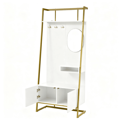 Móvel compacto para hall de entrada 78x38,5x180,5 cm - Com espelho, ganchos metálicos, banco para sapatos - Branco