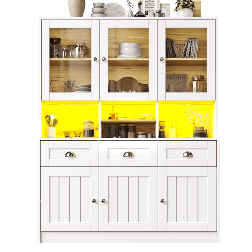 Aparador 140x40x175 cm - Vitrina com prateleiras ajustáveis e LED - Branco
