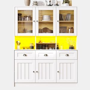 Aparador 140x40x175 cm - Vitrina com prateleiras ajustáveis e LED - Branco