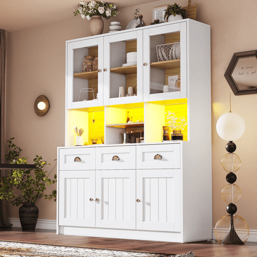 Aparador 140x40x175 cm - Vitrina com prateleiras ajustáveis e LED - Branco