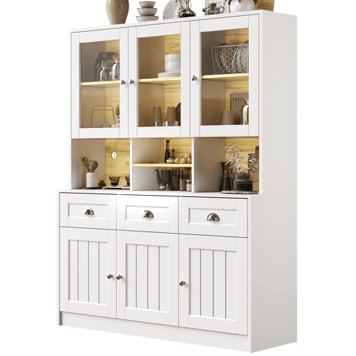 Aparador 140x40x175 cm - Vitrina com prateleiras ajustáveis e LED - Branco