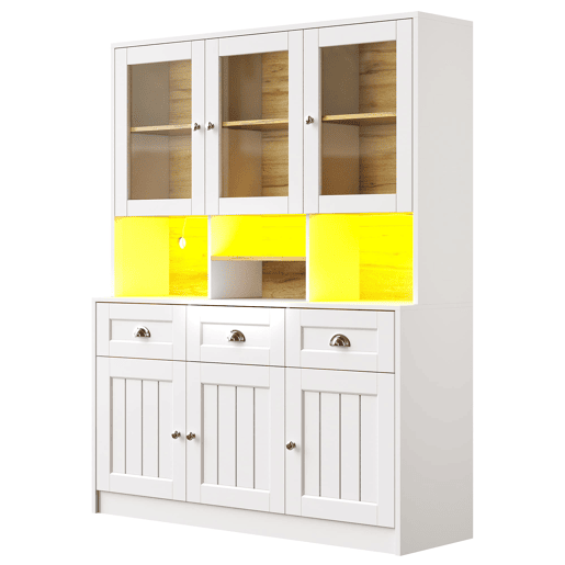 Aparador 140x40x175 cm - Vitrina com prateleiras ajustáveis e LED - Branco