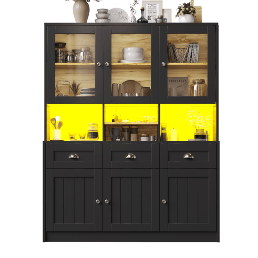 Aparador 140x40x175 cm - Vitrine com prateleiras ajustáveis, LED, cores variáveis - Preto