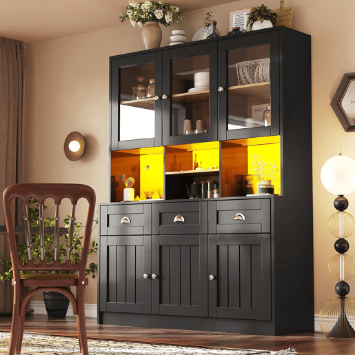 Aparador 140x40x175 cm - Vitrine com prateleiras ajustáveis, LED, cores variáveis - Preto