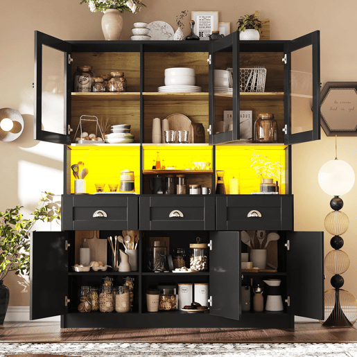 Aparador 140x40x175 cm - Vitrine com prateleiras ajustáveis, LED, cores variáveis - Preto