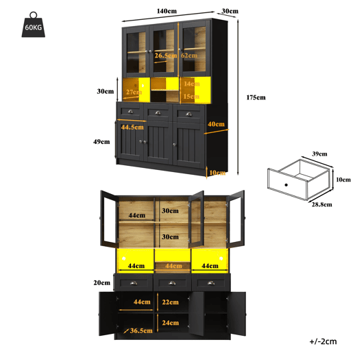 Aparador 140x40x175 cm - Vitrine com prateleiras ajustáveis, LED, cores variáveis - Preto