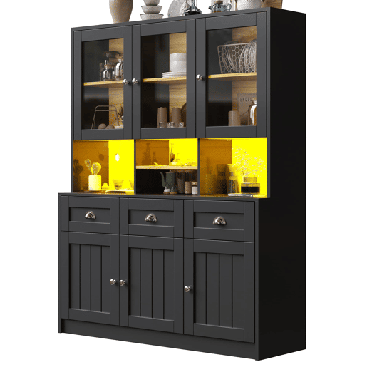 Aparador 140x40x175 cm - Vitrine com prateleiras ajustáveis, LED, cores variáveis - Preto