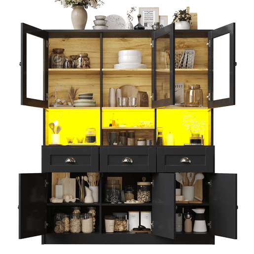 Aparador 140x40x175 cm - Vitrine com prateleiras ajustáveis, LED, cores variáveis - Preto