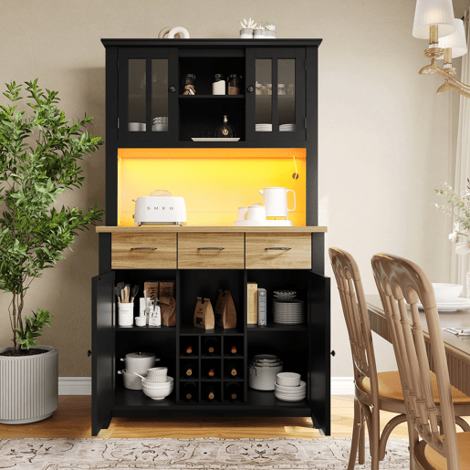 Aparador 106 x 40 x 179,5 cm - Vitrina com prateleiras ajustáveis e LED - Preto