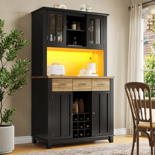 Aparador 106 x 40 x 179,5 cm - Vitrina com prateleiras ajustáveis e LED - Preto