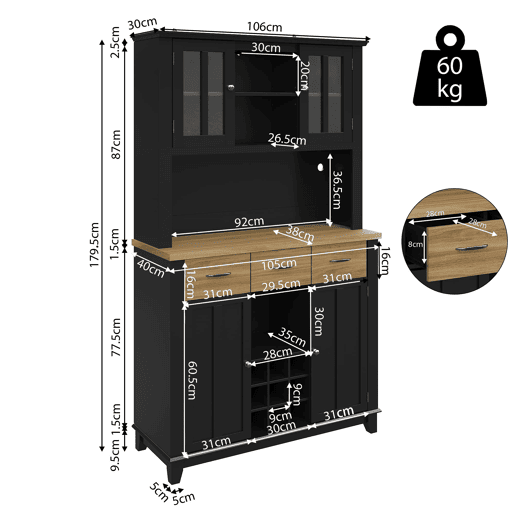 Aparador 106 x 40 x 179,5 cm - Vitrina com prateleiras ajustáveis e LED - Preto