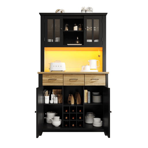 Aparador 106 x 40 x 179,5 cm - Vitrina com prateleiras ajustáveis e LED - Preto
