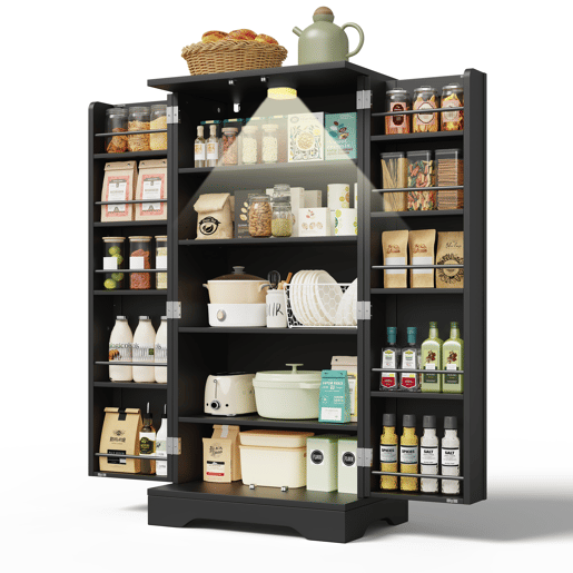 Aparador 120x60x40 cm - Com luz LED, 2 portas, prateleiras ajustáveis - Preto