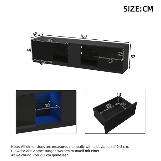 Móvel de TV 160x40x52 cm - Lowboard com LED, alto brilho, para 65 - Preto Móvel de TV 160x40x52 cm - Lowboard com LED, alto brilho, para 65 - Preto