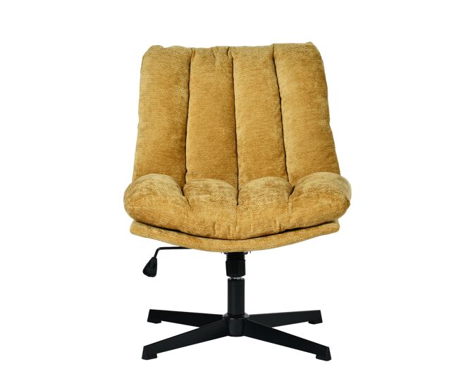 Silla oficina giratoria reclinable tapizada en tela amarilla con asiento grueso y respaldo acolchado, altura regulable, giro 360 grados y diseño sin
