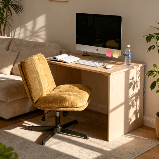 Cadeira Escritório Giratória Reclinável Em Tecido Amarelo Com Assento Espesso E Encosto Acolchoado, Altura Regulável, Rotação 360 Graus E Design Sem Braços, Ideal Para Escritório, Estudo Ou Home Office