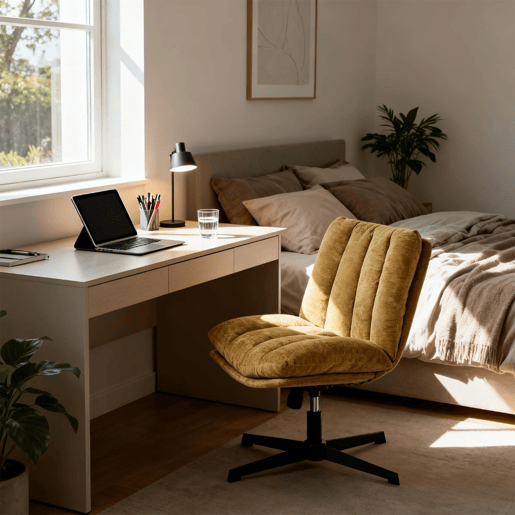 Cadeira Escritório Giratória Reclinável Em Tecido Amarelo Com Assento Espesso E Encosto Acolchoado, Altura Regulável, Rotação 360 Graus E Design Sem Braços, Ideal Para Escritório, Estudo Ou Home Office