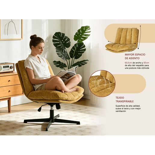 Cadeira Escritório Giratória Reclinável Em Tecido Amarelo Com Assento Espesso E Encosto Acolchoado, Altura Regulável, Rotação 360 Graus E Design Sem Braços, Ideal Para Escritório, Estudo Ou Home Office