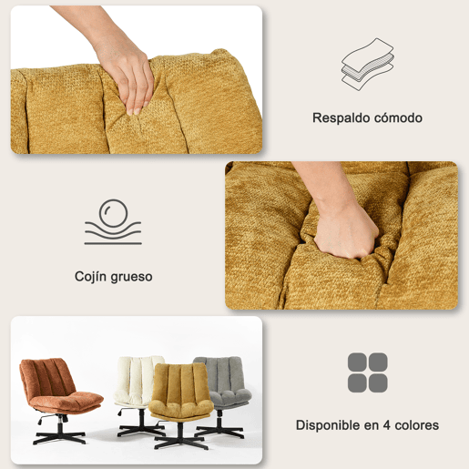 Cadeira Escritório Giratória Reclinável Em Tecido Amarelo Com Assento Espesso E Encosto Acolchoado, Altura Regulável, Rotação 360 Graus E Design Sem Braços, Ideal Para Escritório, Estudo Ou Home Office