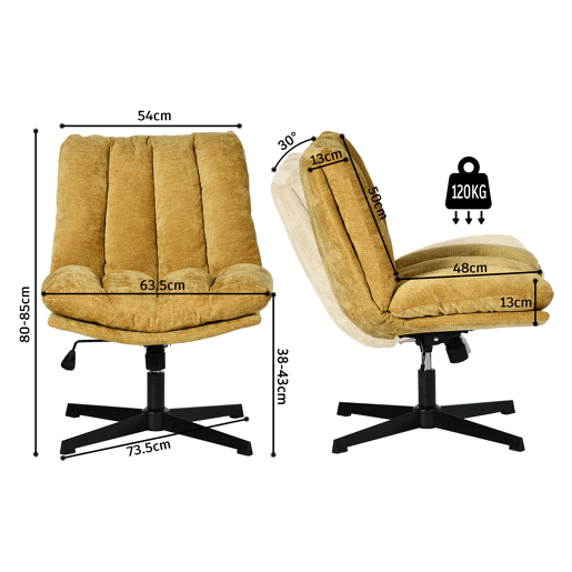 Cadeira Escritório Giratória Reclinável Em Tecido Amarelo Com Assento Espesso E Encosto Acolchoado, Altura Regulável, Rotação 360 Graus E Design Sem Braços, Ideal Para Escritório, Estudo Ou Home Office