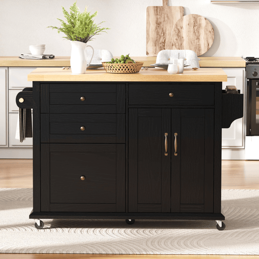Ilha de cozinha móvel - mesa extensível integrada, gavetas multifuncionais e rodas, ideal para cozinha e sala de jantar - preto Ilha de cozinha móvel - mesa extensível integrada, gavetas multifuncionais e rodas, ideal para cozinha e sala de jantar - preto