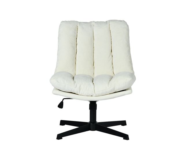 Silla oficina giratoria reclinable tapizada en tela beige con respaldo acolchado, asiento cómodo y regulación altura, estilo moderno para despacho,