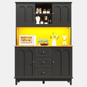Aparador 120x40x180 cm - Com iluminação LED, controlo por aplicação, 4 portas e 3 gavetas - Preto, Natural