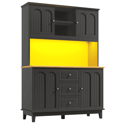 Aparador 120x40x180 cm - Com iluminação LED, controlo por aplicação, 4 portas e 3 gavetas - Preto, Natural