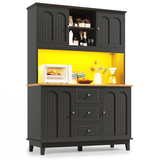 Aparador 120x40x180 cm - Com iluminação LED, controlo por aplicação, 4 portas e 3 gavetas - Preto, Natural