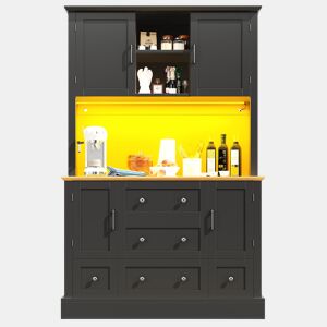 Aparador 115x40x180 cm - Com iluminação LED, controlo por aplicação, 4 portas, 5 gavetas - Preto, Natural