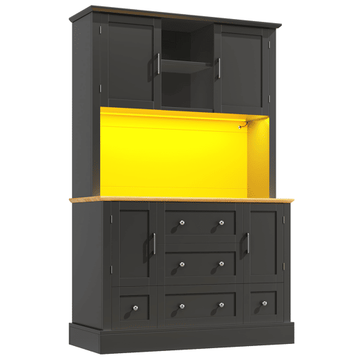 Aparador 115x40x180 cm - Com iluminação LED, controlo por aplicação, 4 portas, 5 gavetas - Preto, Natural