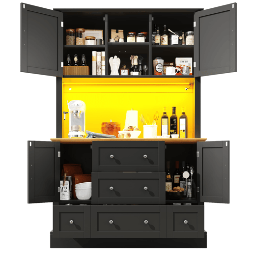 Aparador 115x40x180 cm - Com iluminação LED, controlo por aplicação, 4 portas, 5 gavetas - Preto, Natural