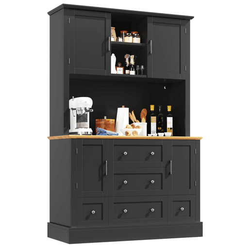 Aparador 115x40x180 cm - Com iluminação LED, controlo por aplicação, 4 portas, 5 gavetas - Preto, Natural