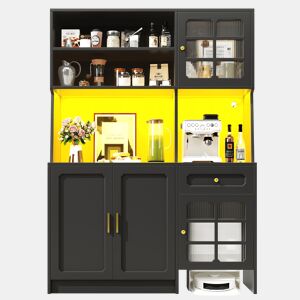 Aparador 130x45x180 cm - Armário alto com portas de vidro e LED - Preto