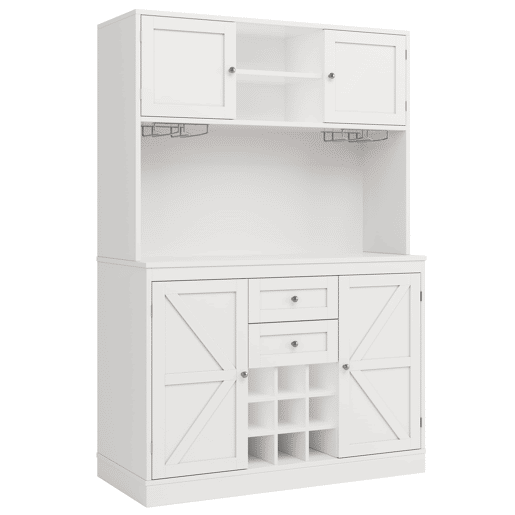 Armário de cozinha com prateleiras ajustáveis e garrafeira - Armário alto com 4 portas e 2 gavetas - Branco