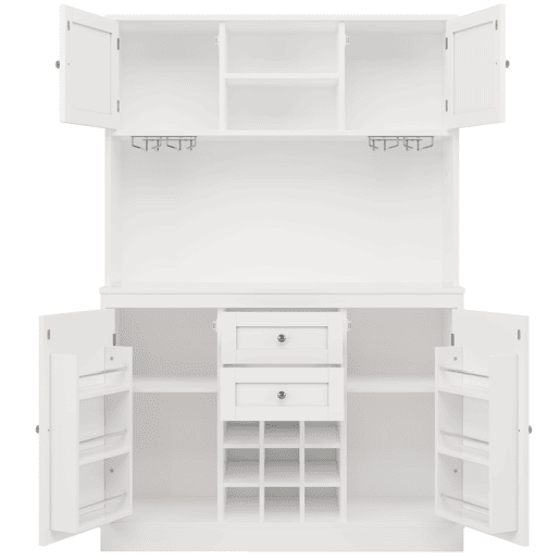 Armário de cozinha com prateleiras ajustáveis e garrafeira - Armário alto com 4 portas e 2 gavetas - Branco