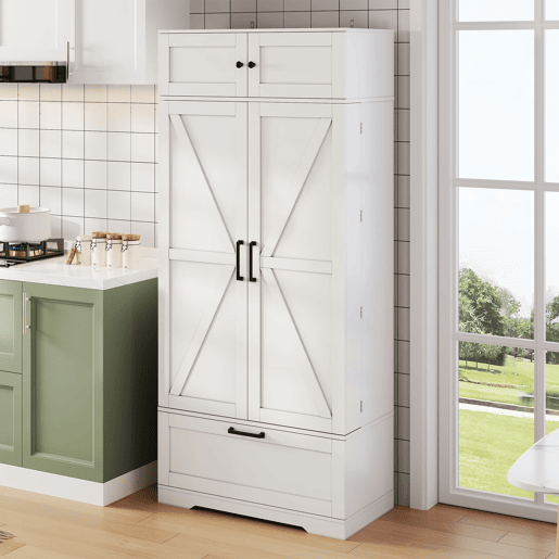 Aparador 80x40x180 cm - prateleiras ajustáveis, gavetas, prateleira para vinho, portas com prateleiras - branco