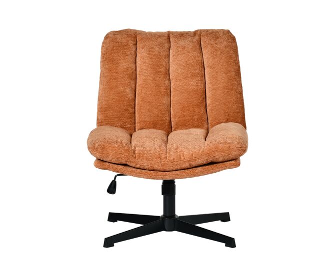 Silla oficina giratoria reclinable tapizada en tela roja con asiento grueso y respaldo acolchado, altura regulable, giro 360 grados y diseño sin