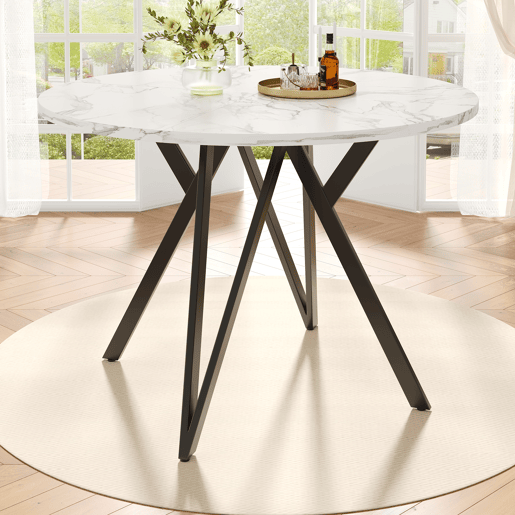Mesa redonda 100x100 cm - Mesa de jantar, mesa de café para 4 pessoas, pernas de metal, superfície de MDF com mármore - Preto