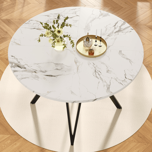 Mesa redonda 100x100 cm - Mesa de jantar, mesa de café para 4 pessoas, pernas de metal, superfície de MDF com mármore - Preto