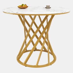 Mesa redonda 80x80x76 cm - Mesa de jantar e café para 4 pessoas - Tampo em MDF marmorizado, pernas metálicas douradas