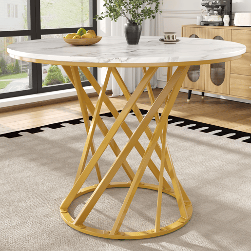 Mesa redonda 80x80x76 cm - Mesa de jantar e café para 4 pessoas - Tampo em MDF marmorizado, pernas metálicas douradas