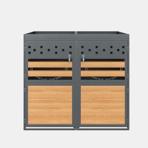 Caixa para caixotes do lixo 2 unidades 120-240 L - Com teto de plantas, porta com efeito de madeira, opção de ampliação - Cinza e Natural